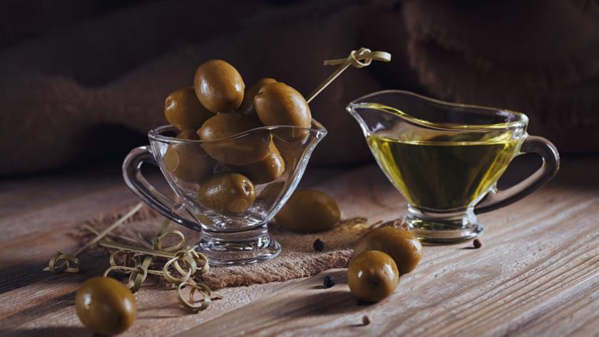 Premium extra virgin olive oil and green olives